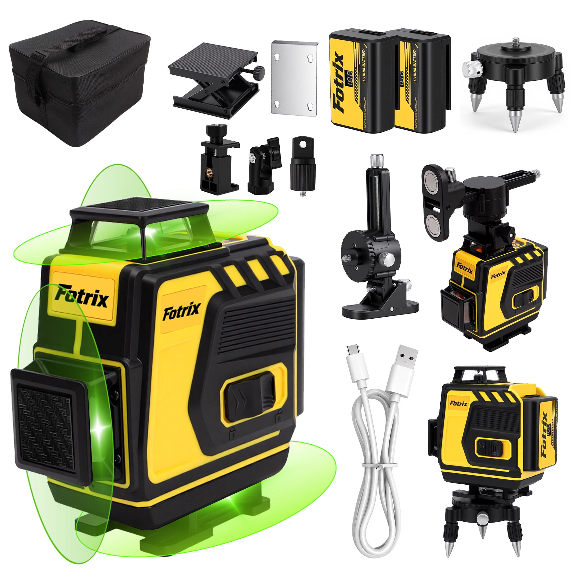 Fotrix 16 Line Green Laser Level, 4 x 360° Self-Leveling Laser with Rechargeable Batteries, Magnetic Bracket and Storage Case