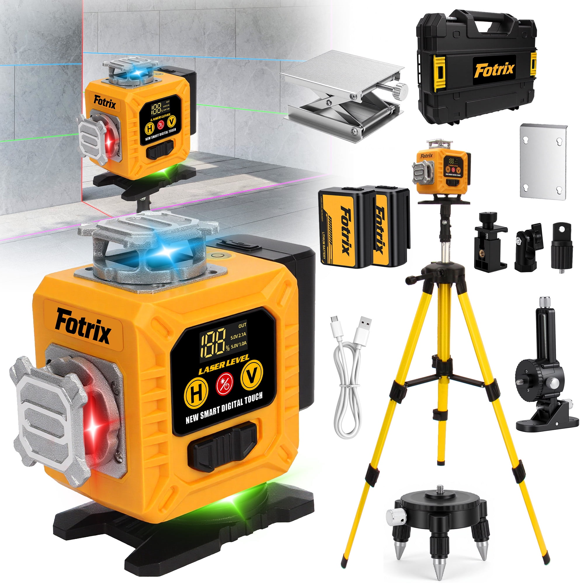 Fotrix Professional grade 16-wire 4D green laser level, 4 x 360° Multi-Color Laser Coverage, Self-Leveling & High Accuracy, Smart Touch Control & Adjustable Projection, Rugged Shock-Resistant Design