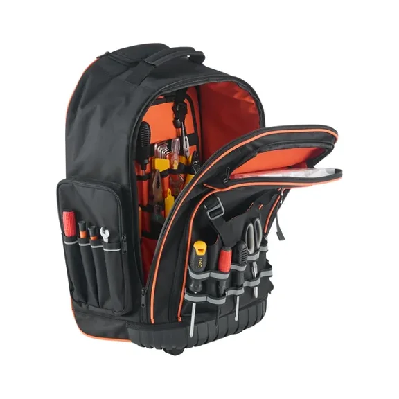 Professional heavy-duty wheeled tool backpack with 72 pockets, a rolling and portable tool bag for construction site operations.
