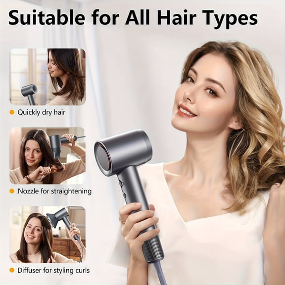 Professional high-speed hair dryer: magnetic diffuser, nozzle, 50M negative ions, temp control, low noise. USB-powered, 118.11" cord, ergonomic handle. Sleek, durable, portable—travel/daily use.