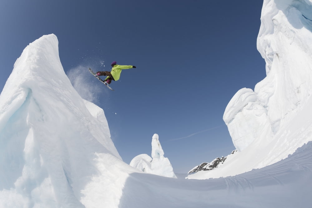 Professional snowboarder Kevin Pearce extreme snowboarding on formations on a glacier Haines Southeast Alaska Canvas Art - Dean Blotto Gray Design Pics (38 x 24)