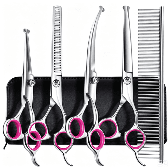 Professional stainless steel six in one pet grooming scissors with a safe circular tip, suitable for heavy-duty titanium coated pet grooming scissors for dogs, cats, and other animals