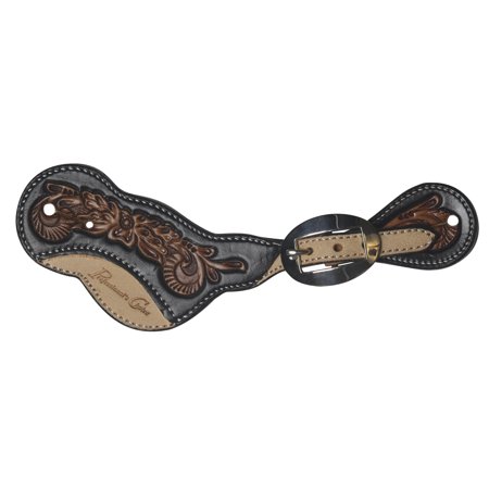 Professional's Choice Black Floral Roughout Ladies Spur Straps - Stainless Steel Hardware, Natural Floral Tooling