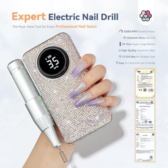 Professionl Nail Drill Kit: 35000RPM Rhinestones Nail Drill for Nails Electric Nail File Professional Portable Efile with Drill Bits Nails Filer Buffer Salon Home Manicure Pedicure