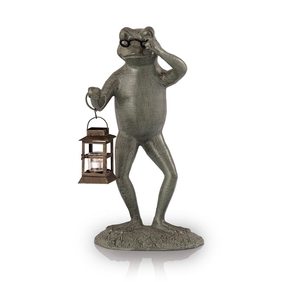 Professor Frog Verdigris Green Metal Garden Sculpture with Lantern