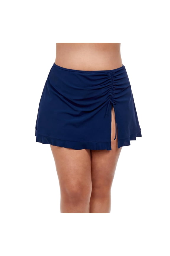 Women's Plus Tutti Frutti Shirred Side Slit Ruffle Trim Skirted Swim Bottom-Navy / 24W