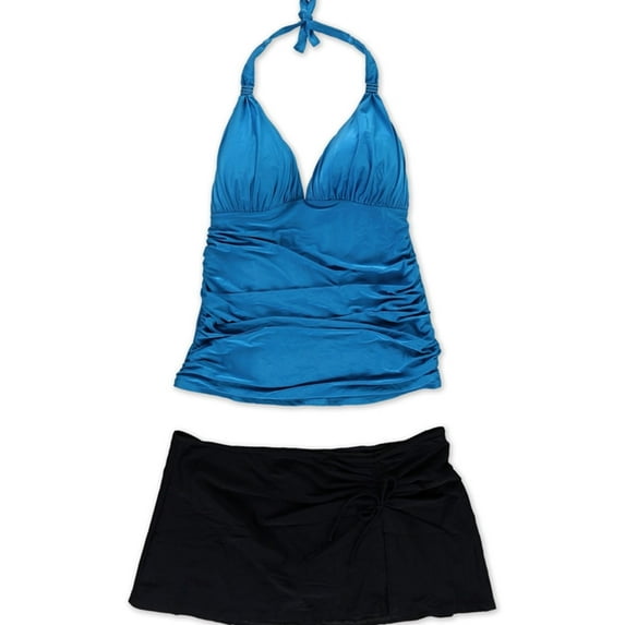 Profile Womens 2-Tone Ruched Skirtini 2 Piece Tankini, Blue, 12