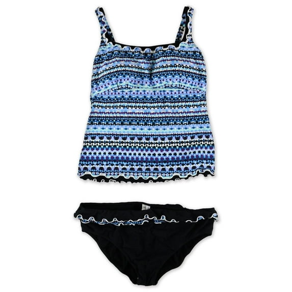 Profile Womens Geo Ruffled Brief 2 Piece Tankini, Blue, 16