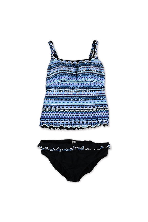 Womens Geo Ruffled Brief 2 Piece Tankini, Blue, 16