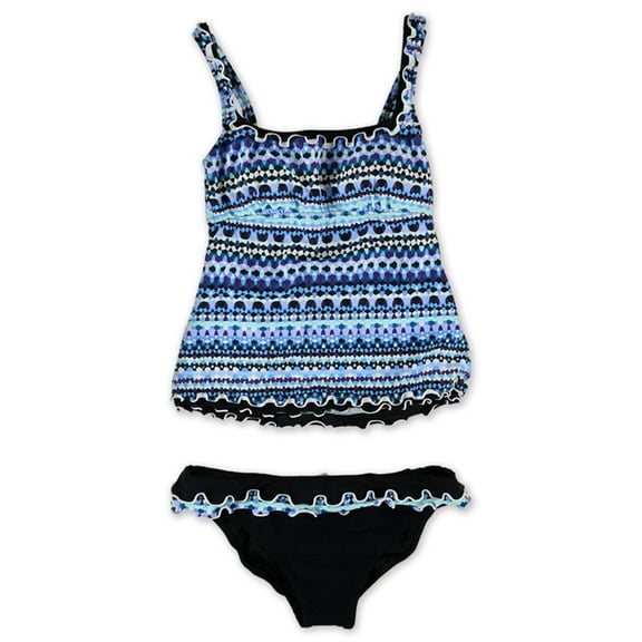 Profile Womens Geo Ruffled Brief 2 Piece Tankini, Blue, 8