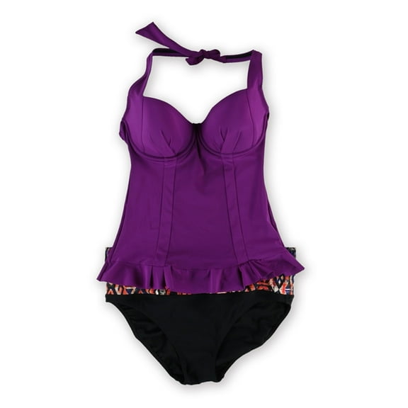 Profile Womens Peplum Aztec Ruffle 2 Piece Tankini, Purple, 32D