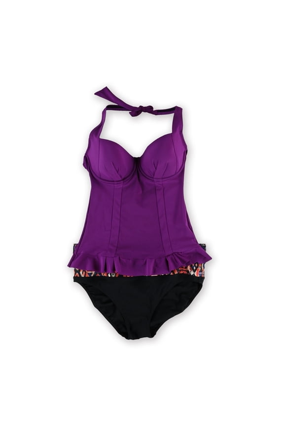 Womens Peplum Aztec Ruffle 2 Piece Tankini, Purple, 32D