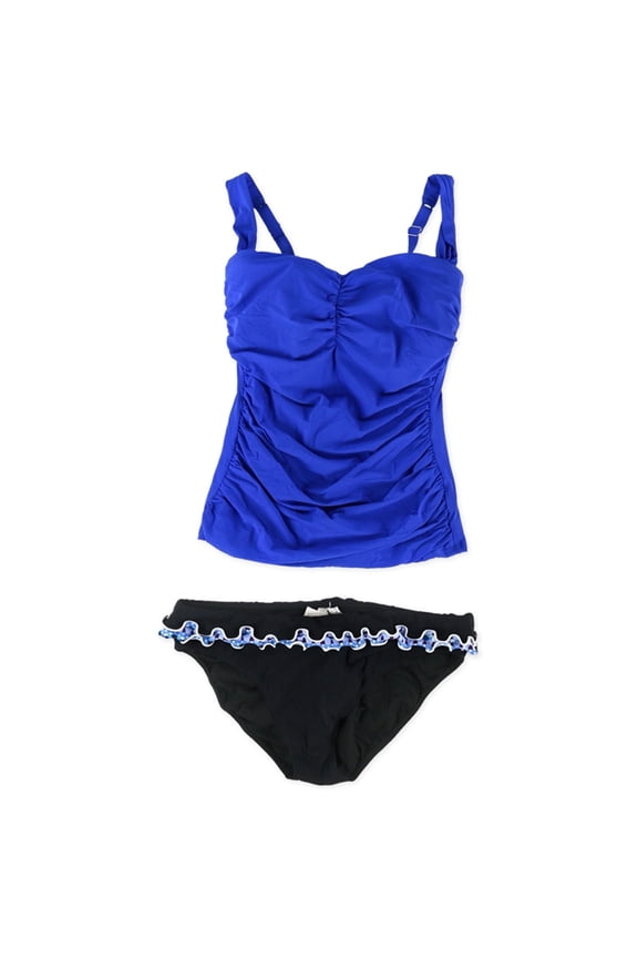 Womens Ruched Ruffle Brief 2 Piece Tankini, Blue, 34D