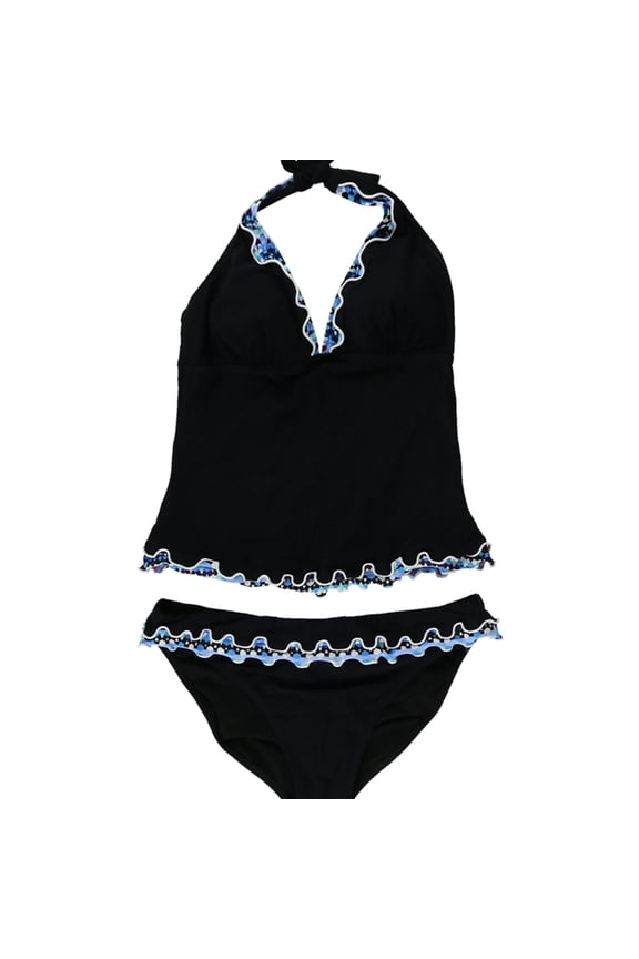 Womens Scalloped Pattern 2 Piece Tankini, Black, 8
