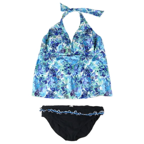 Profile Womens Tie-Dye Ruffle Brief 2 Piece Tankini, Blue, 16