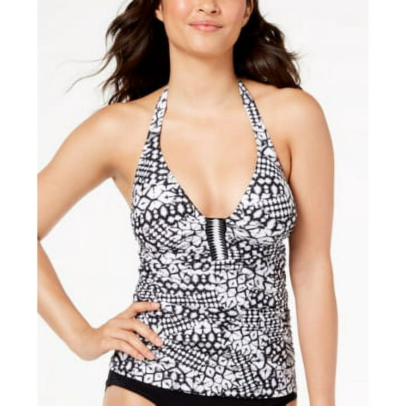 Profile by Gottex BLACK/WHITE Tribal Batik Halter Tankini Swim Top, US 36