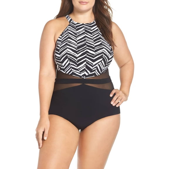 Profile by Gottex Black/White Plus Size Tummy-Control One-Piece Swim Suit, 16W