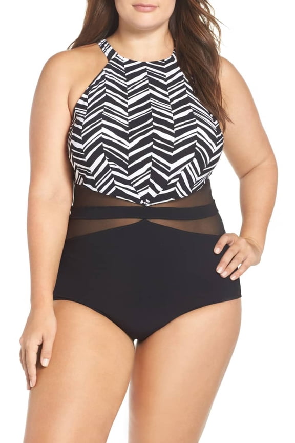 Black/White Plus Size Tummy-Control One-Piece Swim Suit, 16W