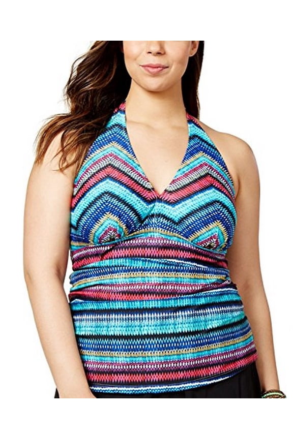 Plus Women's V-Neck Cozumel Halter Tankini Top, Multi, 20W