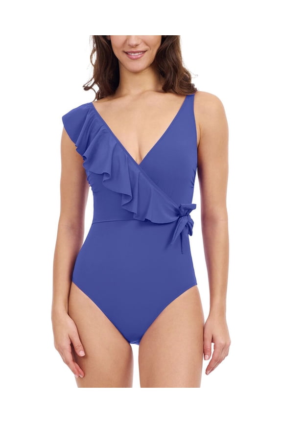 womens Tutti Frutti V-Neck Ruffle Surplice Swimsuit, 14