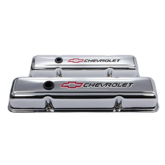 Proform 141-899 Valve Covers Short Chrome Steel Red Bowtie Black Chevrolet Logo Fits select: 1967-1986 CHEVROLET CAMARO, 1969-1986 CHEVROLET C10