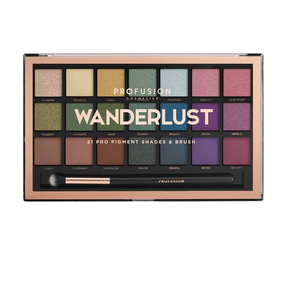 Profusion Cosmetics 21 Color Eyeshadow Palette, Multi Finish Blendable Pigmented Shades Includes Pro Series Brush Travel-Friendly Makeup, Wanderlust