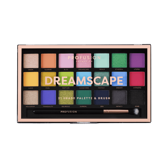 Profusion Cosmetics 21 Color Eyeshadow Palette, Multi Finish Blendable Pigmented Shades Includes Pro Series Brush Travel-Friendly Makeup, Dreamscape