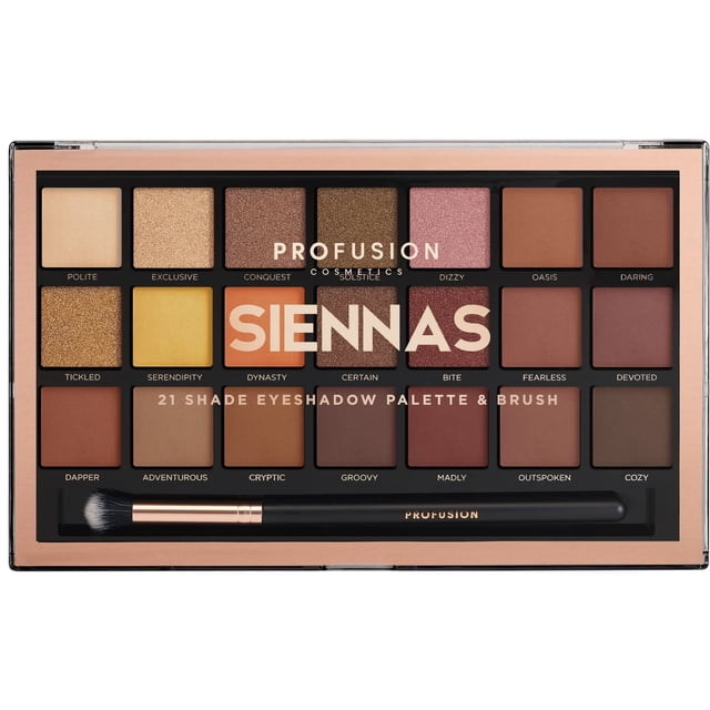 Profusion Cosmetics 21 Color Eyeshadow Palette, Multi Finish Blendable Pigmented Shades Includes Pro Series Brush Travel-Friendly Makeup, Siennas