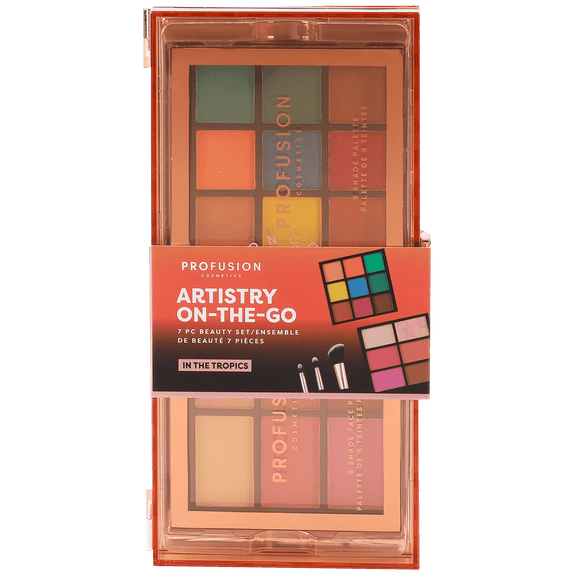 Profusion Cosmetics Artistry On The Go Makeup Kit, 9 Shade Eyeshadow & 6 Shade Face Palettes with Brushes and Primers, Travel-Friendly & Vegan Beauty Set, In The Tropics