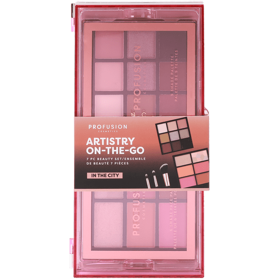 Profusion Cosmetics Artistry On The Go Makeup Kit, 9 Shade Eyeshadow & 6 Shade Face Palettes with Brushes and Primers, Travel-Friendly & Vegan Beauty Set, In The City