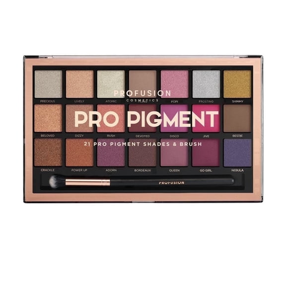 Profusion Cosmetics 21 Color Eyeshadow Palette, Multi Finish Blendable Pigmented Shades Includes Pro Series Brush Travel-Friendly Makeup, Pro Pigment