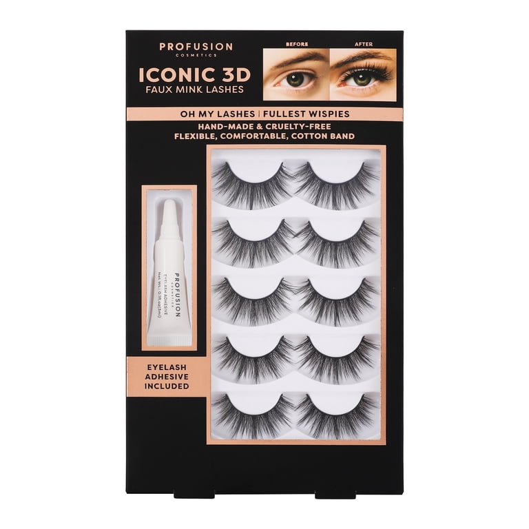 Profusion Faux Mink 3D Eyelashes 5 Pairs, Natural Black, Hand-made