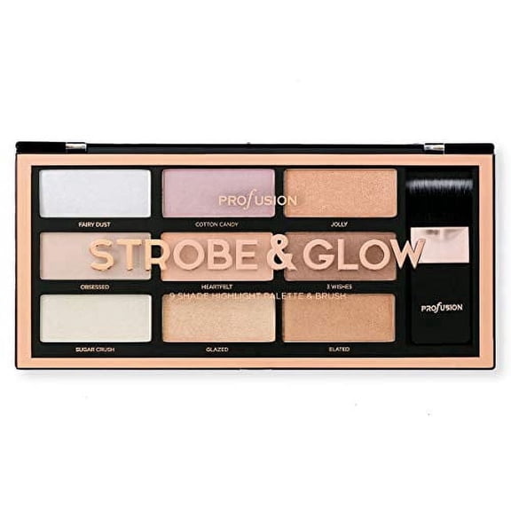 Profusion Cosmetics Strobe & Glow The Artistry Palette, 9 Shade Highlighter with Brush, Long-Wearing Buildable Glow with Smooth Blending, 1.27oz