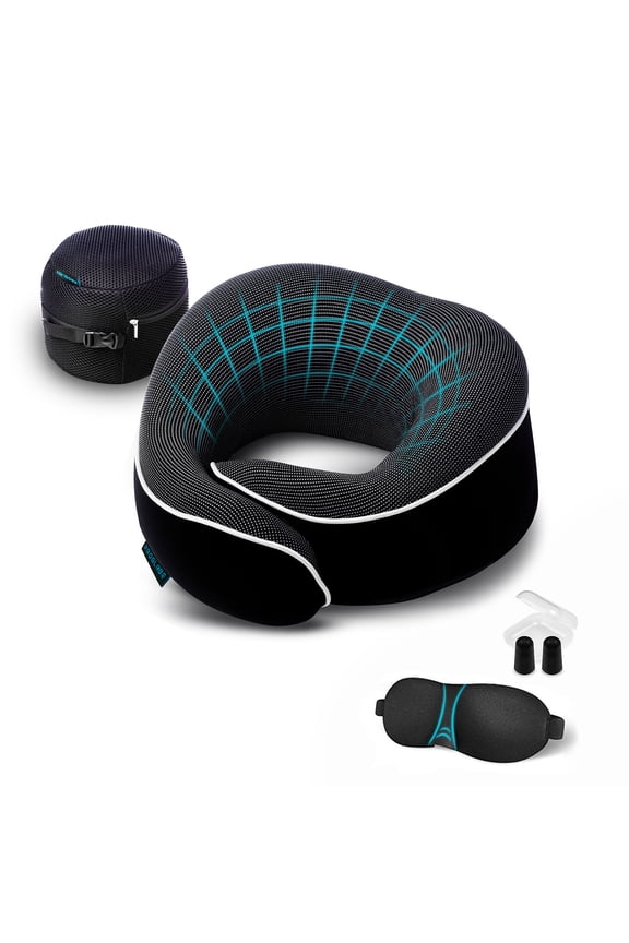 Orthopedic Neck Pillow, Travel Neck Pillows for Airplanes, Memory Foam Kit, 360° Head Support, Airplane Pillow Set with 3D Contoured Eye Masks, Earplugs, and Luxury Mesh Bag (Black)