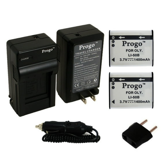 Progo LI-50B Power Pack (Two Li-Ion Rechargeable Batteries and Pocket Travel AC/DC Wall Charger with Car Adapter) for Olympus LI-50B. Works with Olympus XZ-1 and more