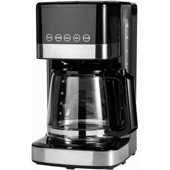 Programmable 12 Cup Drip Coffee Maker with Glass Pot (1.9 Qt), Auto Shut-off, Touch Screen, Pause, Removable Filter Basket, Black & Silver