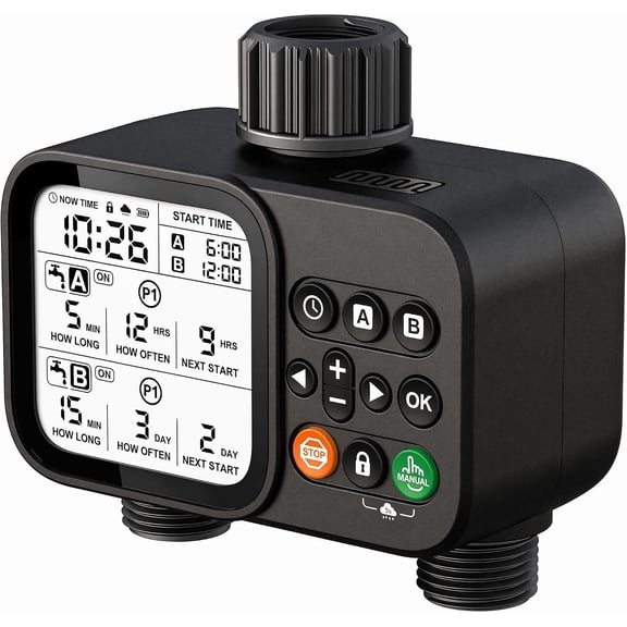 Programmable 2 Outlet Hose Timer, Automatic Sprinkler Water with Rain Delay, Large LCD Display, Waterproof Irrigation Timer for Garden Hose, Lawn, Yard & Drip System