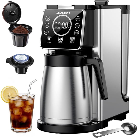Programmable 5 Cup Drip Coffee Maker, Single Serve Hot & Iced Machine for K Grounds, 95oz Removable Reservoir, 6–24oz Brew Size, Strong Brew, Stainless Steel Thermal Carafe, Black