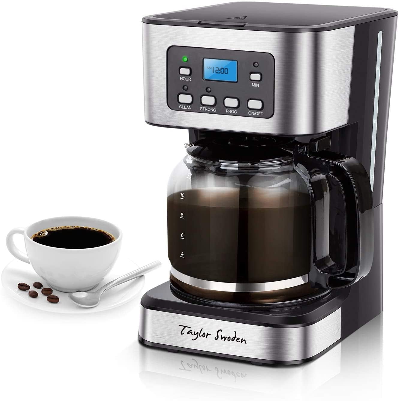 Taylor Swoden Programmable Coffee Maker, 4-12 Cups Drip Coffee Machine with Glass Carafe, Regular & Strong Brew, Pause & Serve for Home and Office
