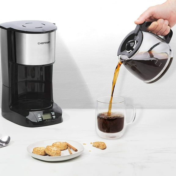 12-Cup Programmable Coffee Maker - Round Stainless Steel with LCD Display, Auto Shut Off, Anti-Drip Pot, Reusable Filter
