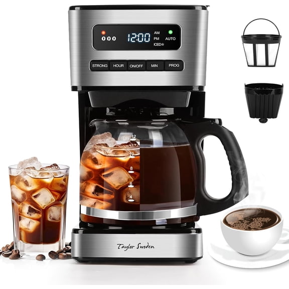 Programmable Coffee Makers 12 Cup, Hot and Iced Coffee Maker, 4 Brew Strength, LED Display, 24H Timer, Keep Warm&Auto Shutoff- Drip Coffee Machine for Home/Office, Black &Stainless Steel