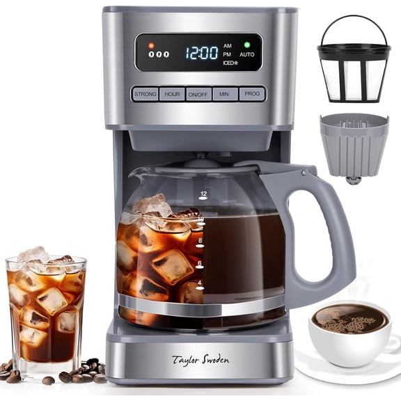 Programmable Coffee Makers 12 Cup, Hot and Iced Maker, 4 Brew Strength, LED Display, 24H Timer, Keep Warm&Auto Shutoff- Drip Machine for Home/Office, Gray & Stainless Steel