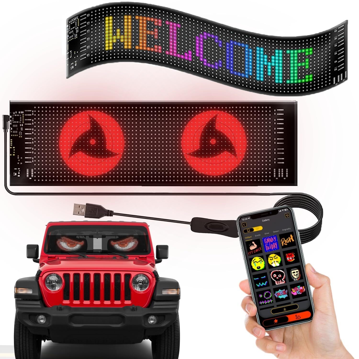 Programmable Devil Eyes Light for Cars, Flexible LED Display Screen for Car Windows, Animated Colorful Lamp Soft Screen for Windshield ZHEYU