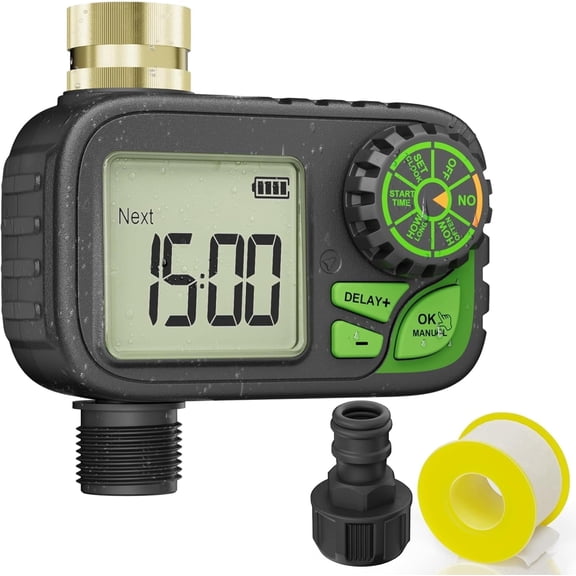 Programmable Digital Water Hose Sprinkler Timer, IP Waterproof Outdoor Irrigation Timer with Brass Inlet Single Outlet, Rain Delay Manual & Auto Watering Controller for Lawn Yard Garden