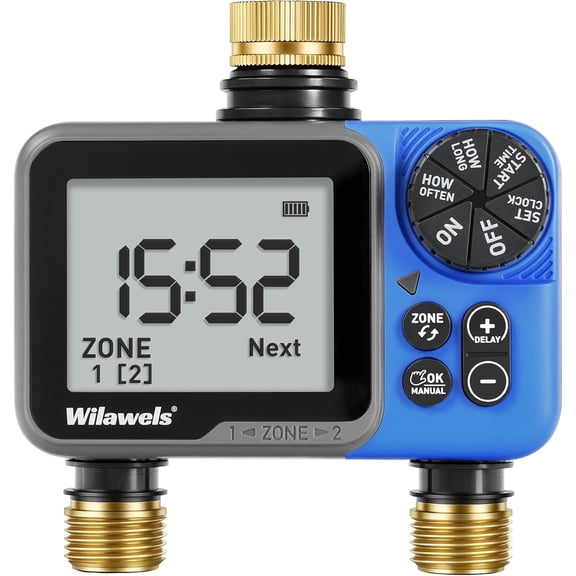 Programmable Hose Sprinkler Timer with Rain Delay, Digital Garden Watering System, 2-Outlet Auto/Manual Irrigation Kit