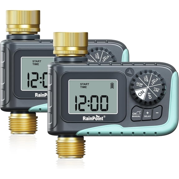 Programmable Hose Timer with Brass Inlet and Outlet, Rain Delay and Manual Watering, Digital Drip Irrigation System for Garden Lawn (2 Pieces)