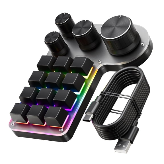 Programmable Keypad for PC Programmable Macro Keyboard 12 Keys 4 Knob Custom Gaming Keypad USB Wired Dual Mode Shortcut Keypad Multimedia Control for PC Programmers Black White ABS