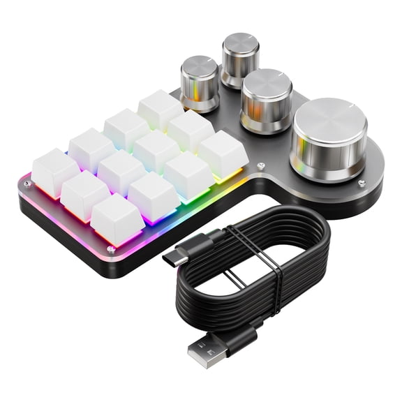 Programmable Keypad Wired Programmable Macro Keyboard 12 Keys 4 Knob Custom Gaming Keypad USB Wired Dual Mode Shortcut Keypad Multimedia Control for PC Programmers Black White ABS