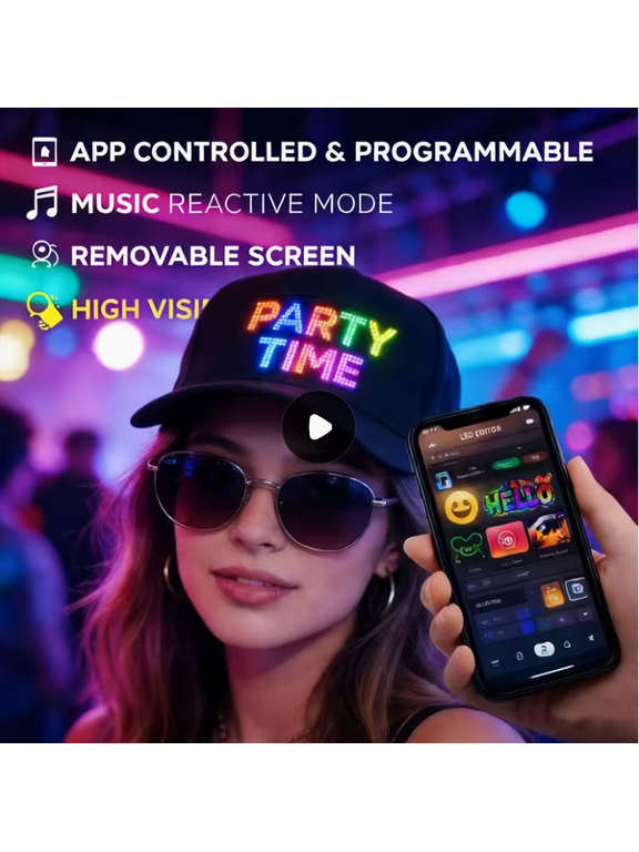 Programmable LED Light-Up Hat Wireless APP Scrolling Text Baseball Cap Rechargeable Flashing Hat for Parties Music Festivals Night Runs Teens Gift Comfortable Adjustable