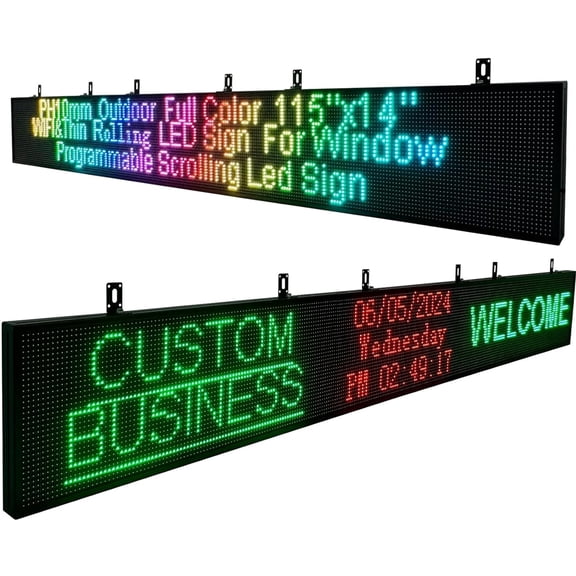 Programmable Scrolling LED Display Sign for Outdoor Use - WiFi/App Controlled Customizable Full Color Digital Message Board, 115”x14” Business Advertising Screen, Open Sign, Electronic Word Light Bar